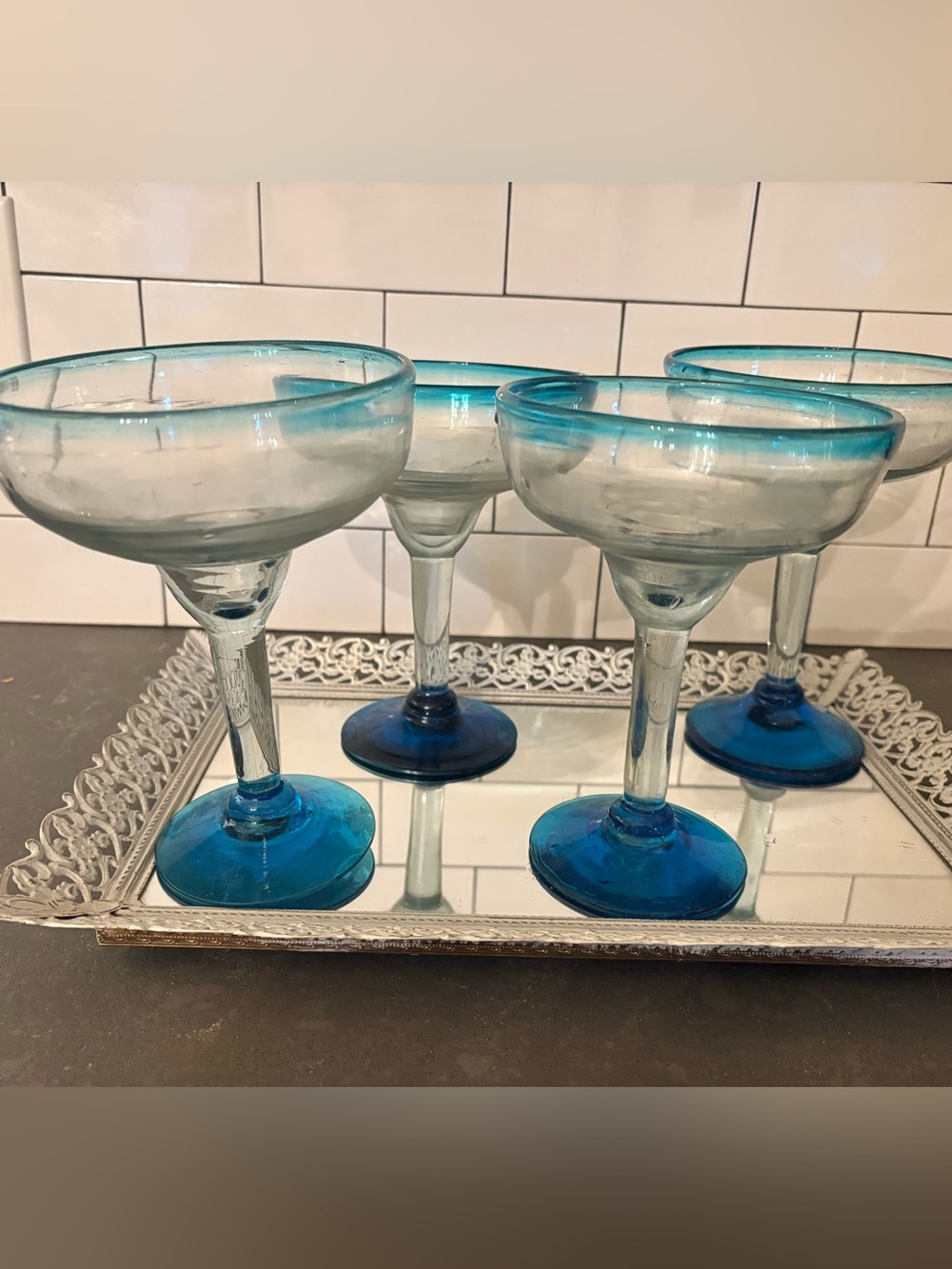 Hand-Blown Mexican Cobalt Blue Rim Margarita Glasses - Set of 4